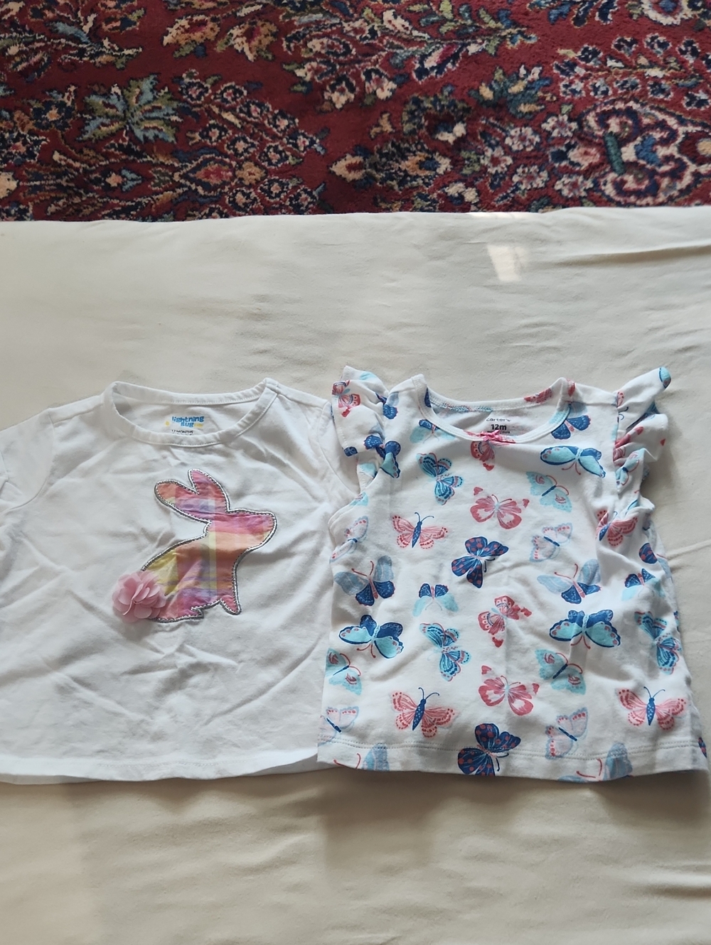 Girls White Butterfly Print Tee with Ruffle Sleeves - 12M